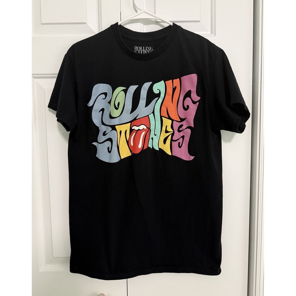 Rolling Stones Psychedelic Name and Tongue Logo T Shirt Black Size M
